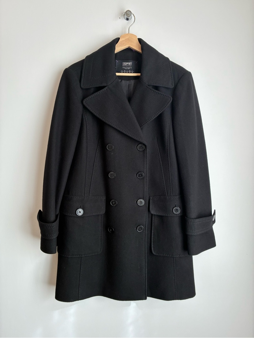 Esprit Wool Blend Black Double Breasted Pea Coat Jacket Women Size 10